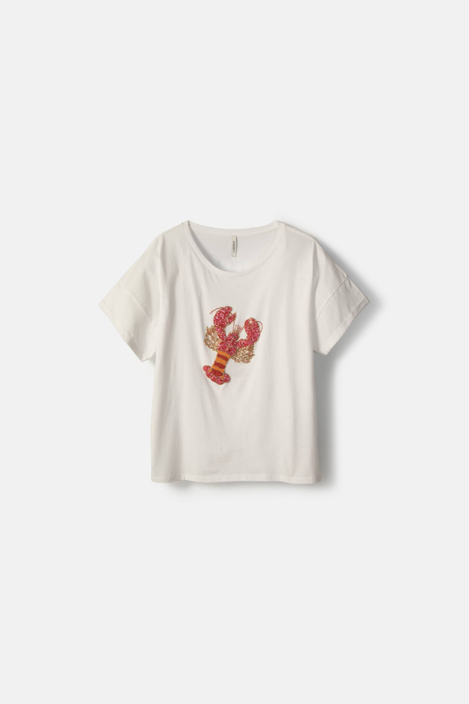 Lanidor Damen-T-Shirt Weiß- Hummerapplikation aus Perlen - 100% Baumwolle