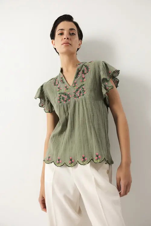 Lanidor Bluse "Floral Dream" in Khaki - 100% Baumwolle