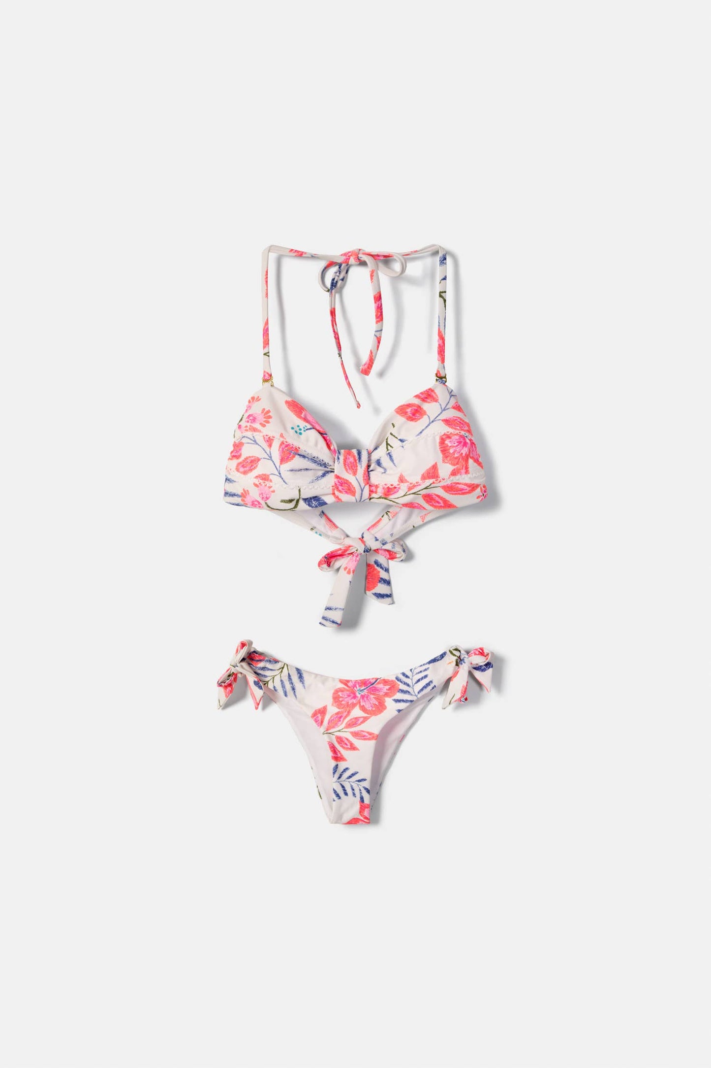 Lanidor Bikini in Weiß mit Pink-Blauem Blumenprint und Spitzenapplikationen