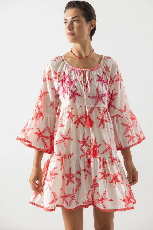 Lanidor Baumwollkleid mit Seesternen -Sommerkleid in Weiß-Rosa´Rot