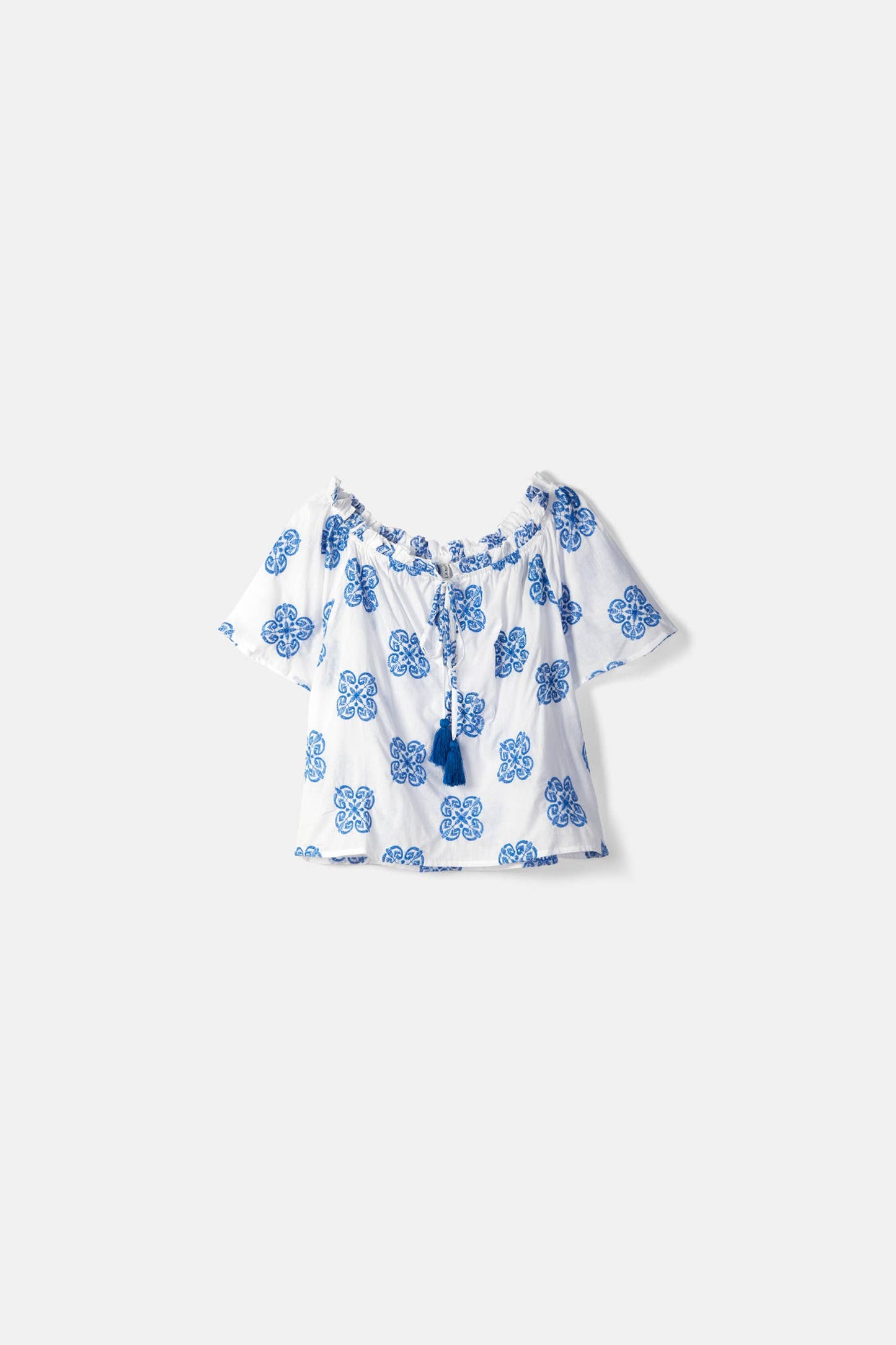 Lanidor Bluse „Azulejo“ – Off-Shoulder-Stil mit blauer Stickerei