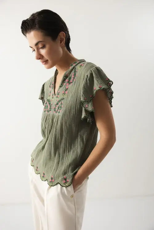Lanidor Bluse "Floral Dream" in Khaki - 100% Baumwolle