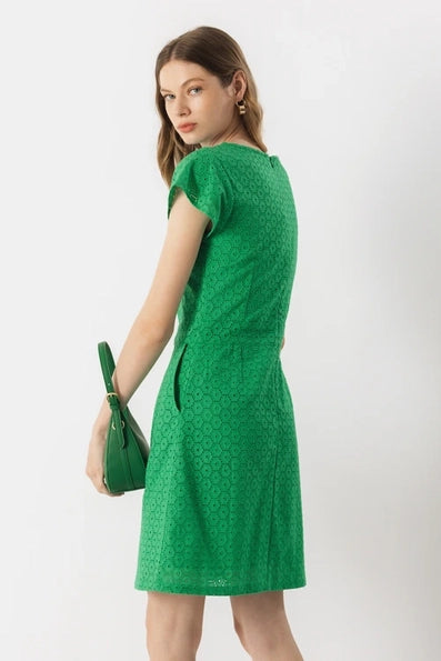 Lanidor Baumwollkleid mit floraler Lochstickerei - Sommerkleid in leuchtendem Grün