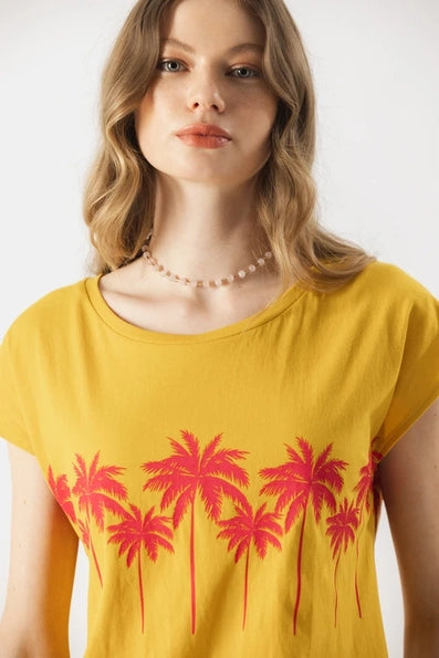Lanidor T-Shirt "Palm Sunset" Sommer Vibes in Gelb & Pink