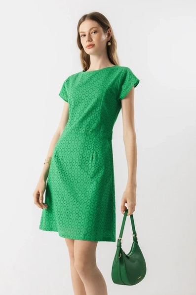 Lanidor Baumwollkleid mit floraler Lochstickerei - Sommerkleid in leuchtendem Grün