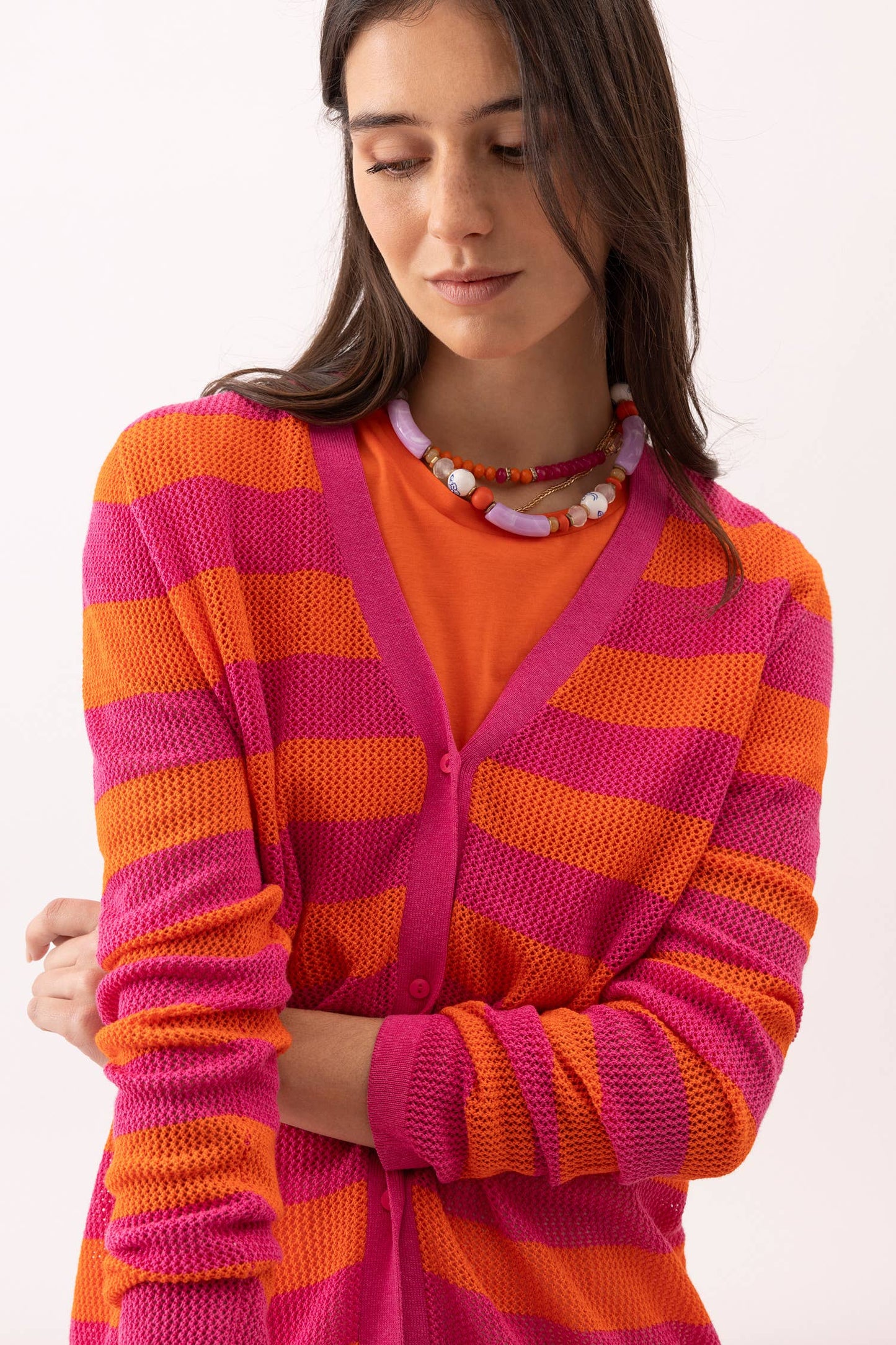 Lanidor Cardigan mit Blockstreifen - Pink & Orange, Viskose Baumwollmix