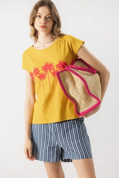 Lanidor T-Shirt "Palm Sunset" Sommer Vibes in Gelb & Pink