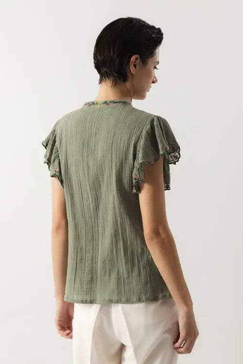 Lanidor Bluse "Floral Dream" in Khaki - 100% Baumwolle