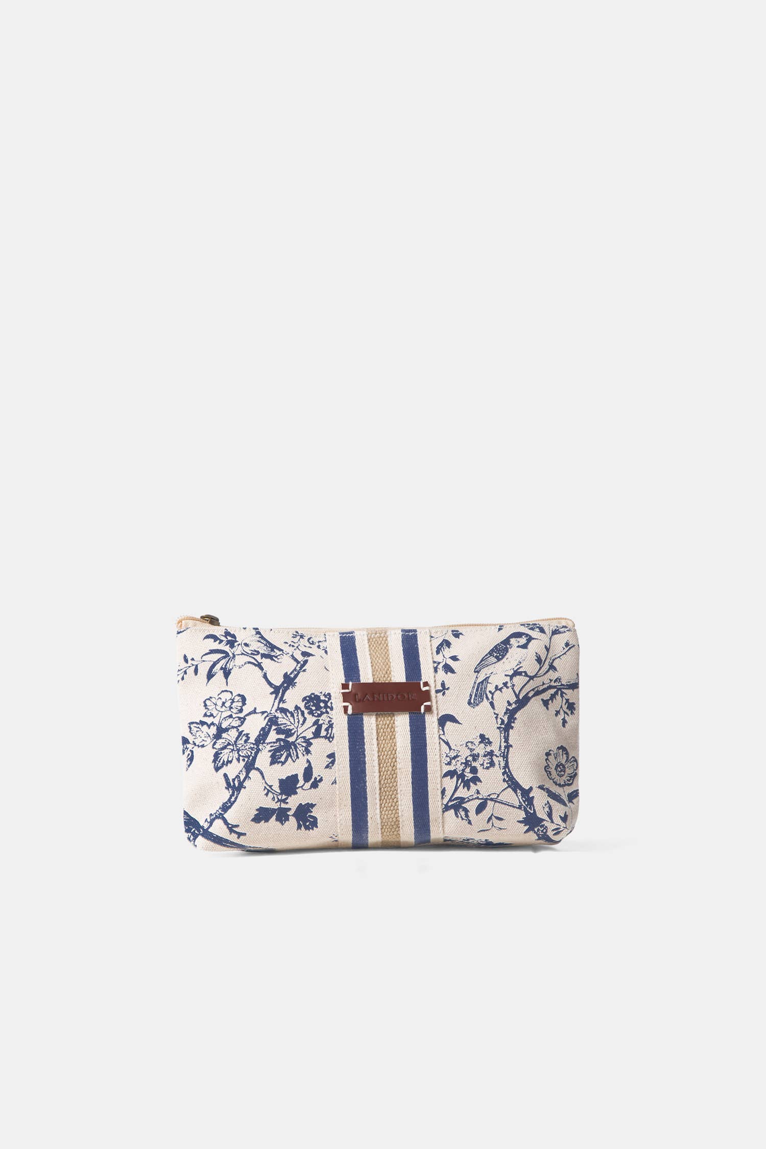Lanidor Kosmetiktasche Baumwolle mit Blumenprint - Blau-Beige - mit Reisverschluss