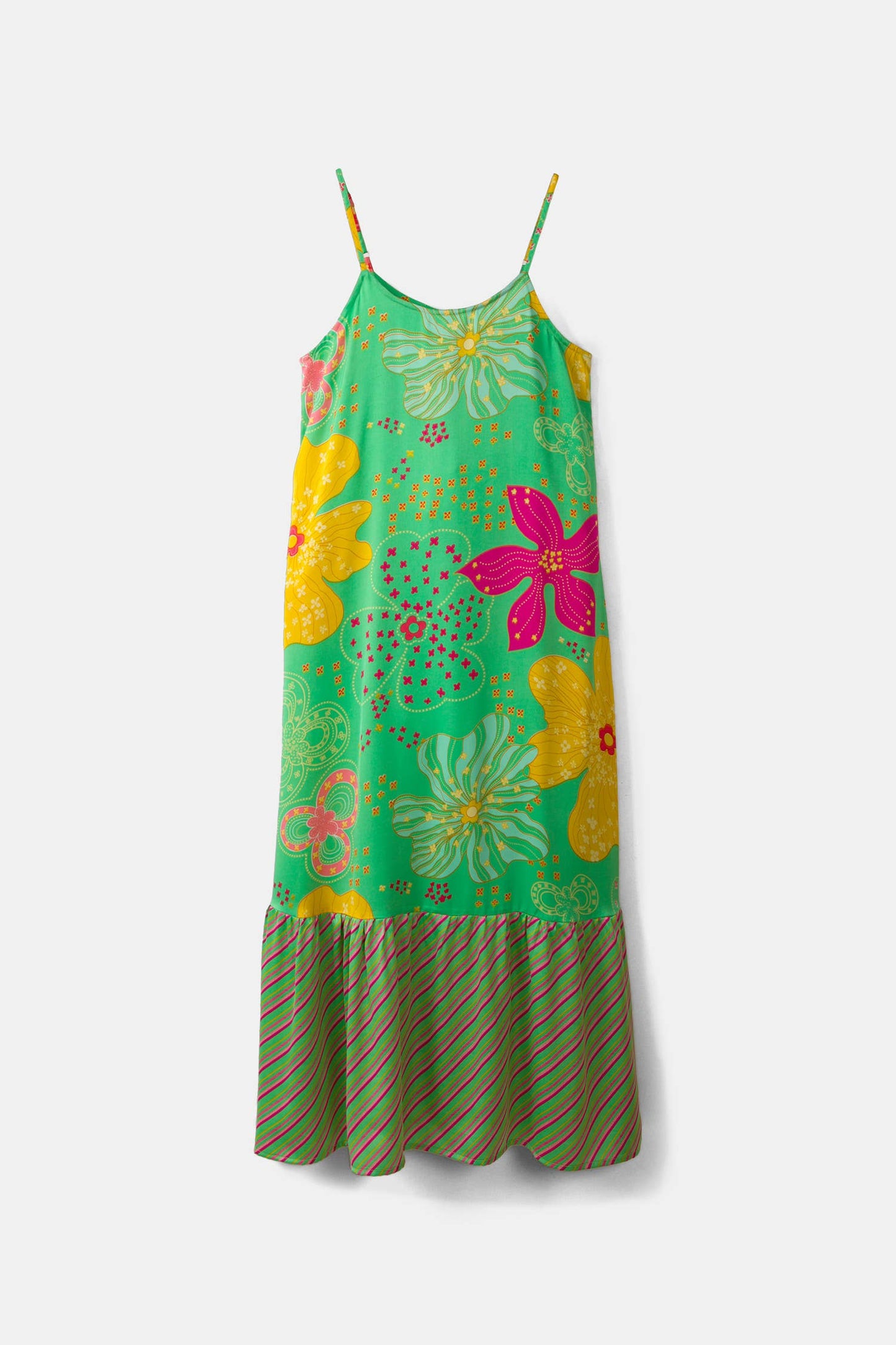 Lanidor Maxikleid mit tropischem Blumenprint - Trägerkleid in Grün mit Volant und bunten Blüten