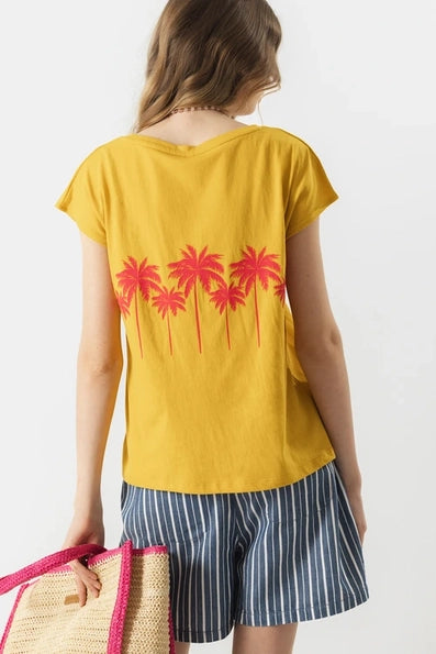 Lanidor T-Shirt "Palm Sunset" Sommer Vibes in Gelb & Pink
