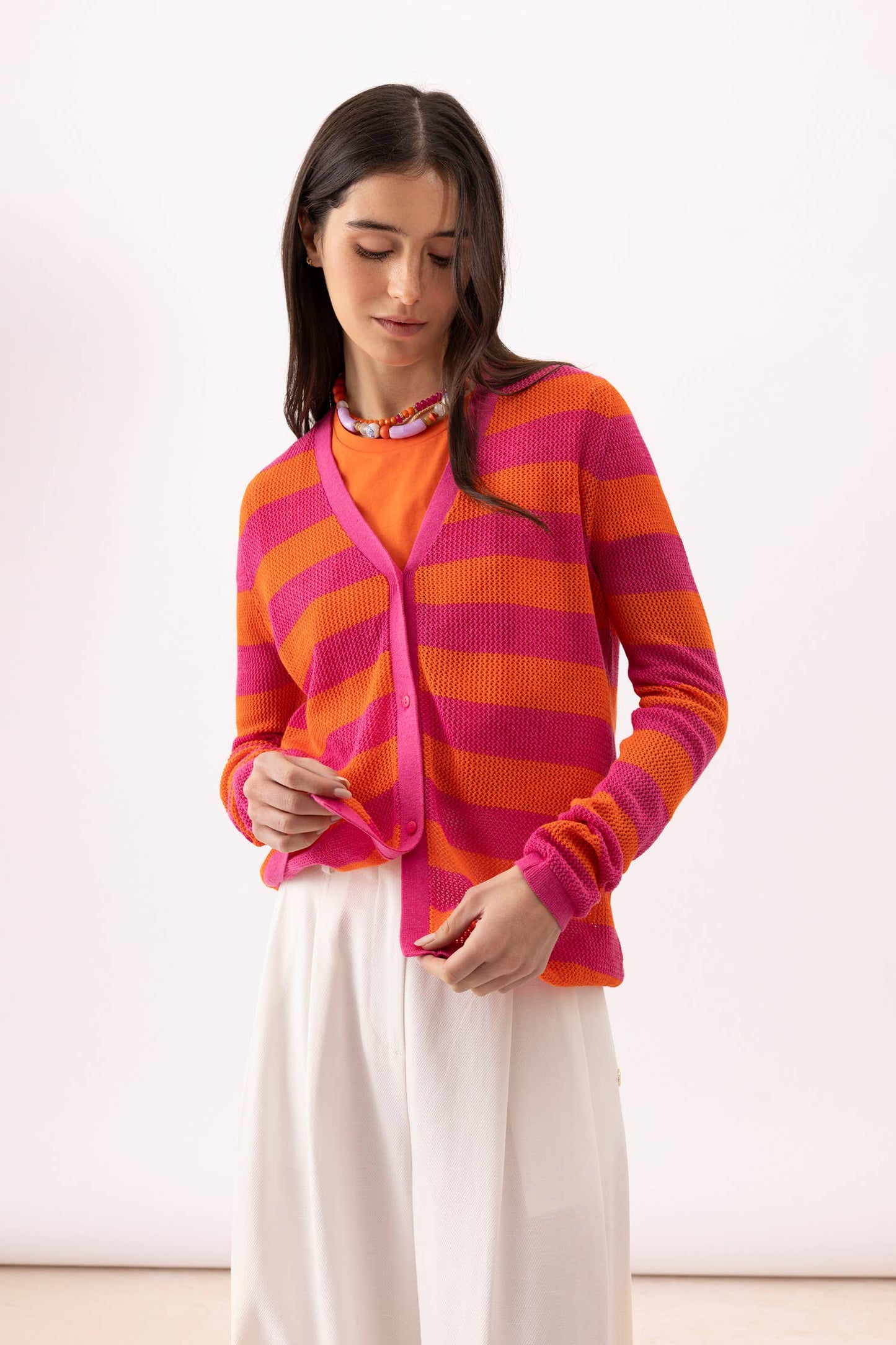 Lanidor Cardigan mit Blockstreifen - Pink & Orange, Viskose Baumwollmix