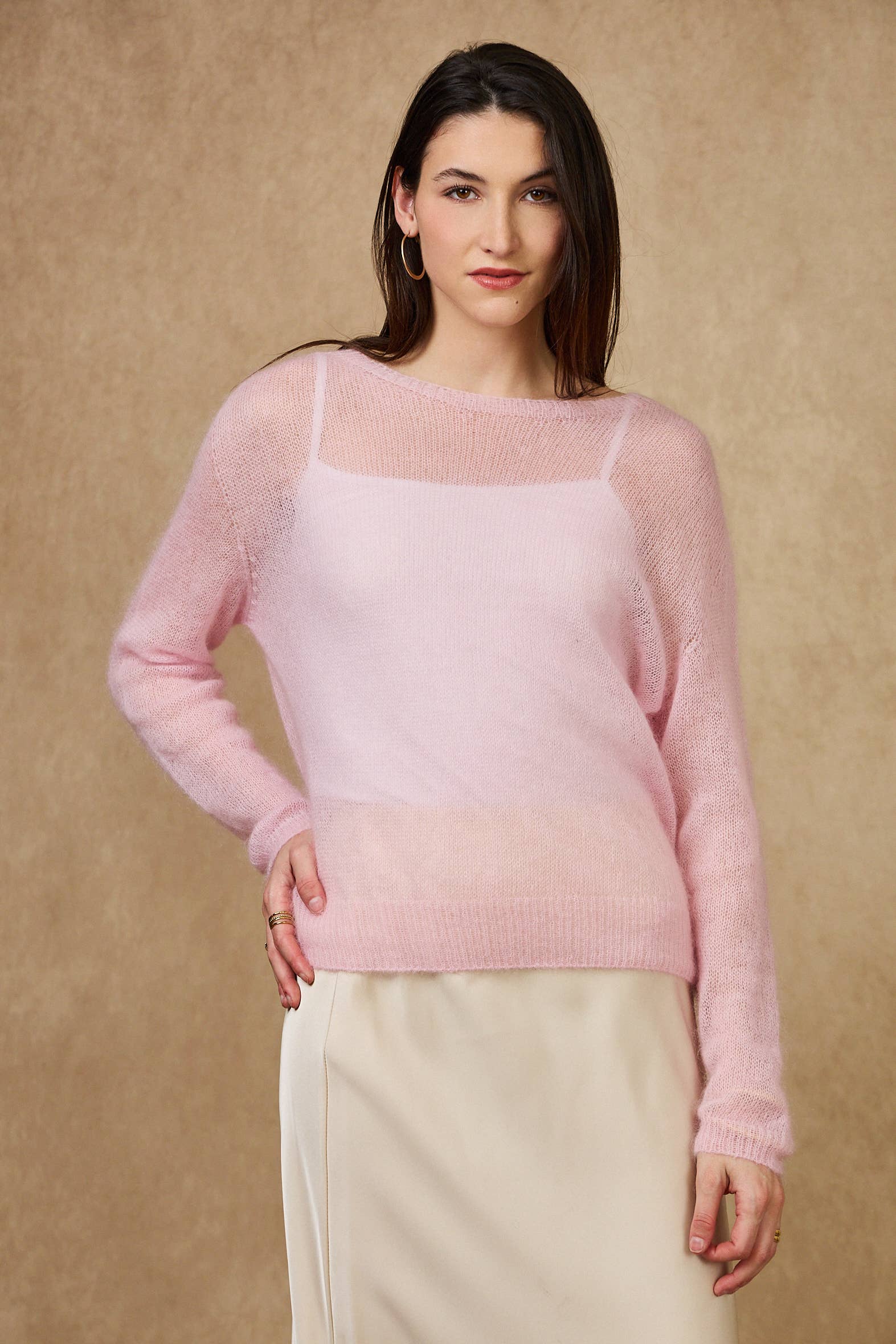 NAÏS Paris leichter Mohair-Pullover Bonbonrosa mit U-Boot-Ausschnitt
