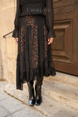 Choklate Paris asymmetrischer Leopardenrock mit Spitze in Kakao