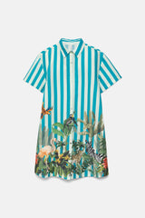 Lanidor Long-Blouse Türkis gestreift mit Tropicalprint