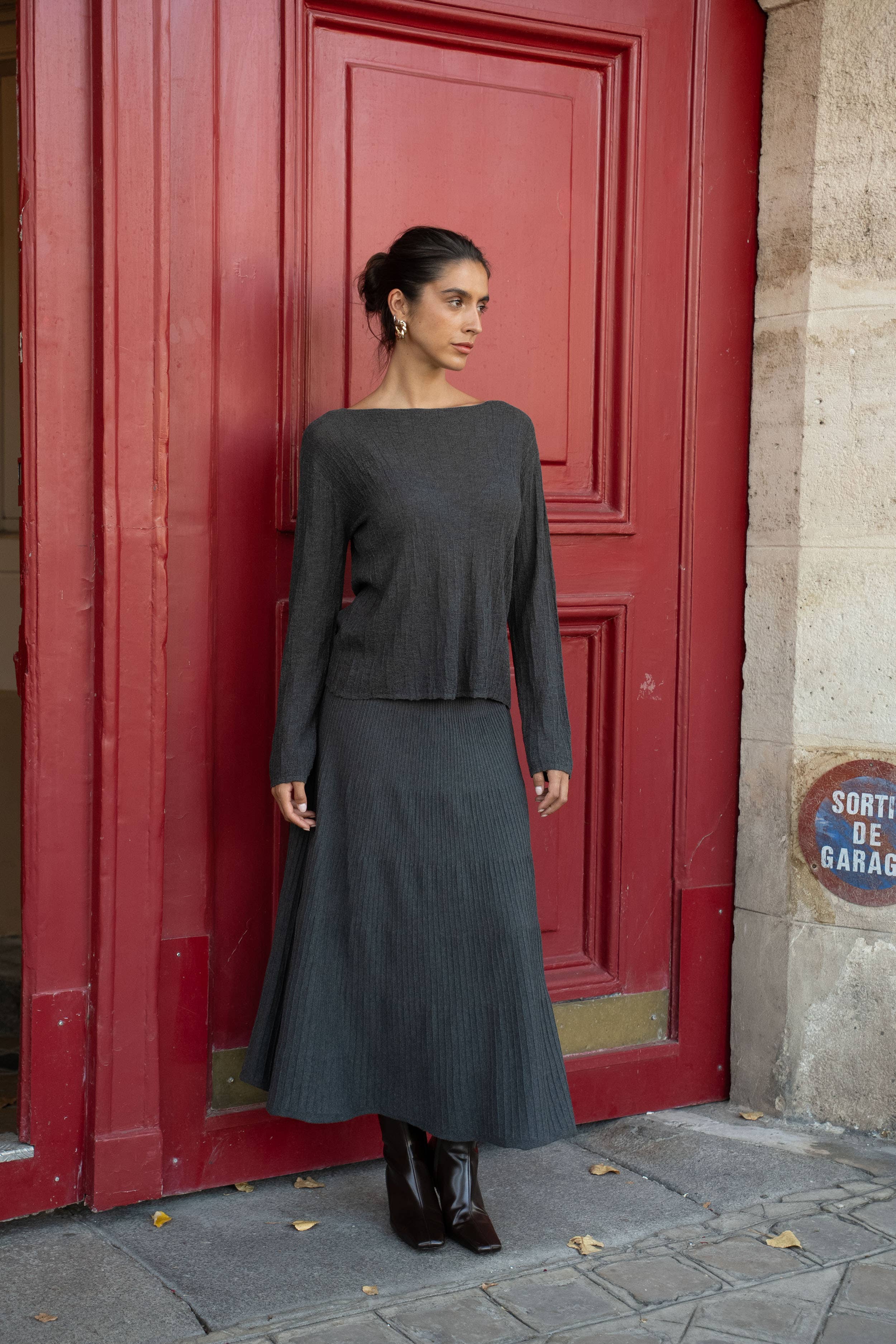 Choklate Paris leichtes Langarm-Strickshirt Grau mit Struktur