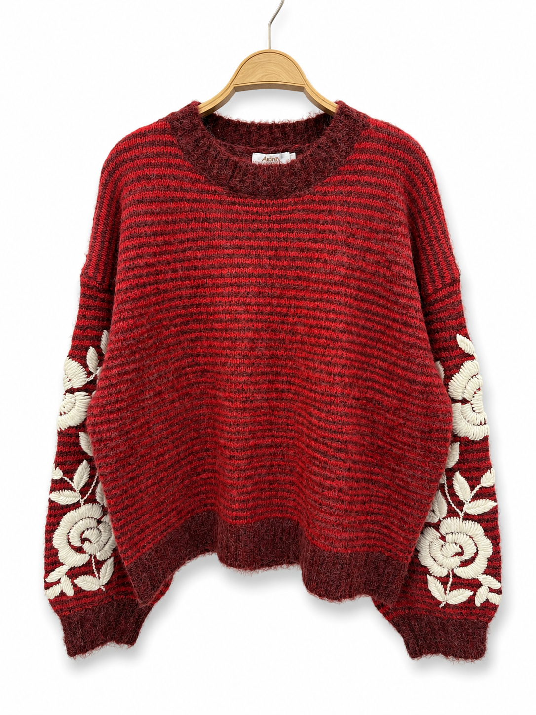 Afinity Strickpullover Audrey mit Blumenstickerei Rouge – lockerer Schnitt