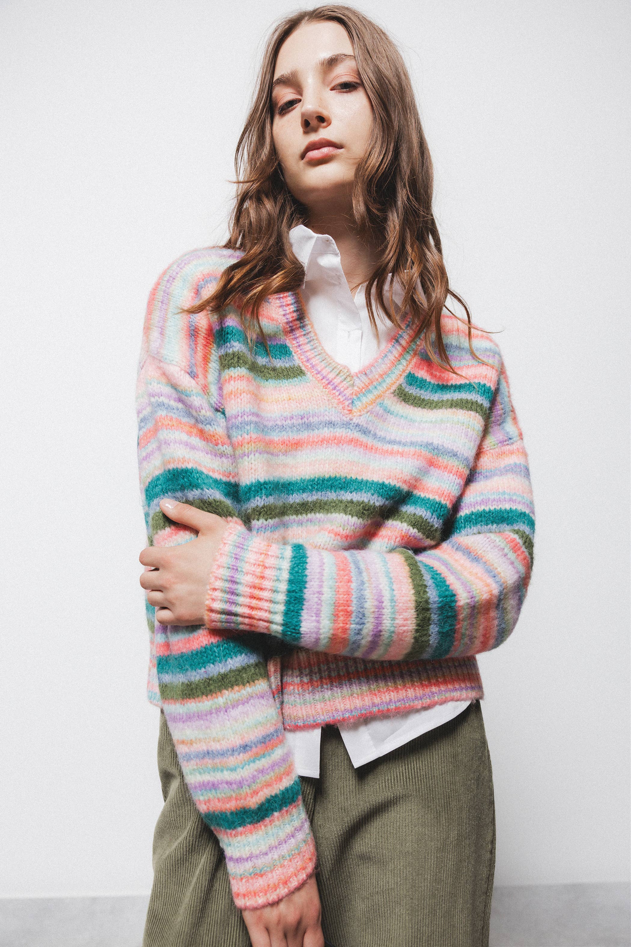 Lanidor Strickpullover Gestreift Multicolor V-Ausschnitt - Oversized Fit