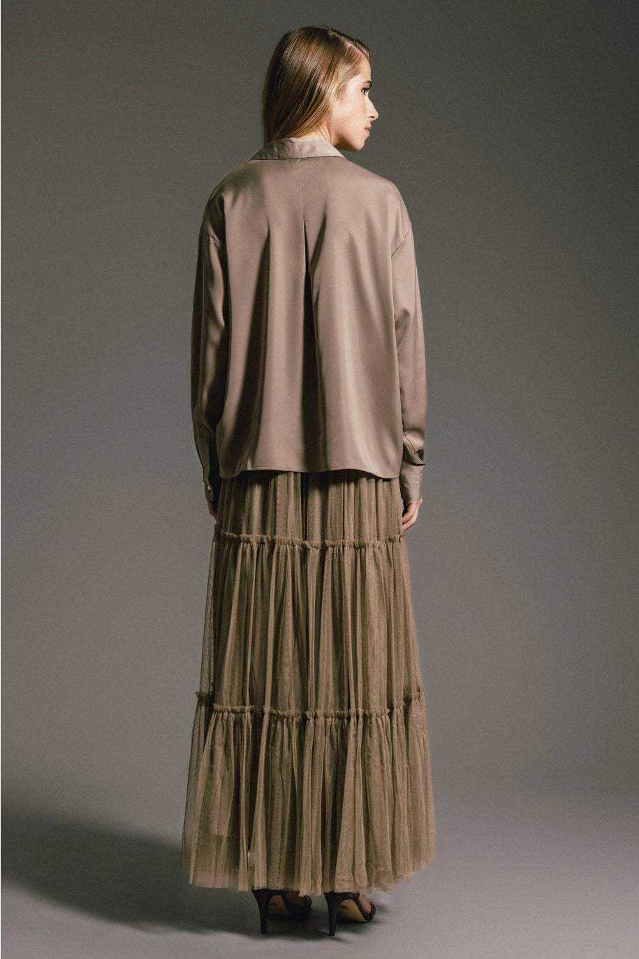 Lanidor Ausgestellter Tüllrock Midi Taupe - Elastischer Bund mit Taschen