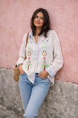 The Corner Bestickte Hemdbluse Weiß mit Streifendetails - Baumwolle