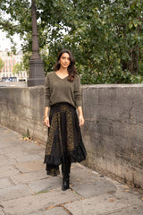 Choklate Paris asymmetrischer Leopardenrock mit Spitze Khaki