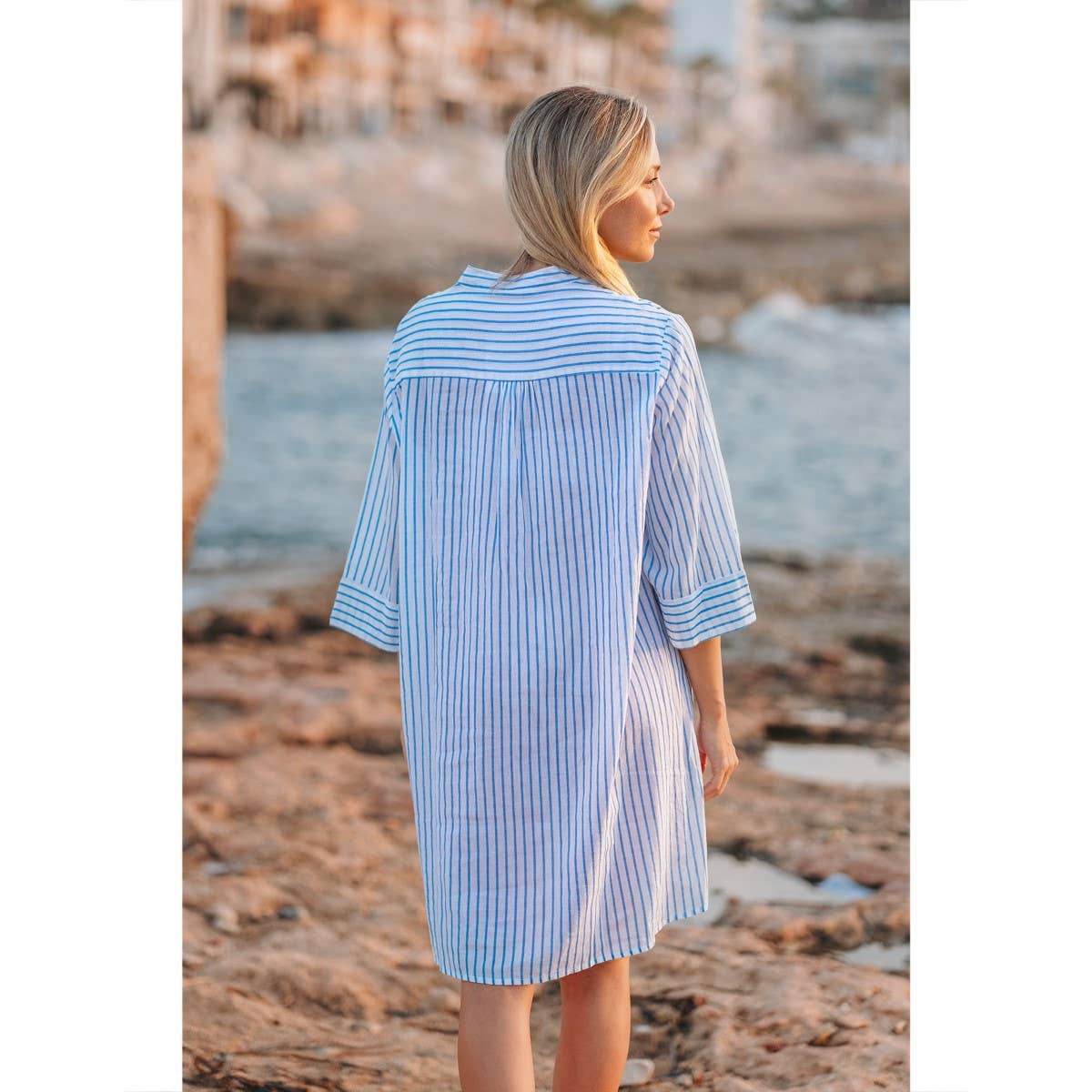 Isla Bonita by SIGRIS Sommerkleid Kurta Gestreift Hellblau 100% Baumwolle