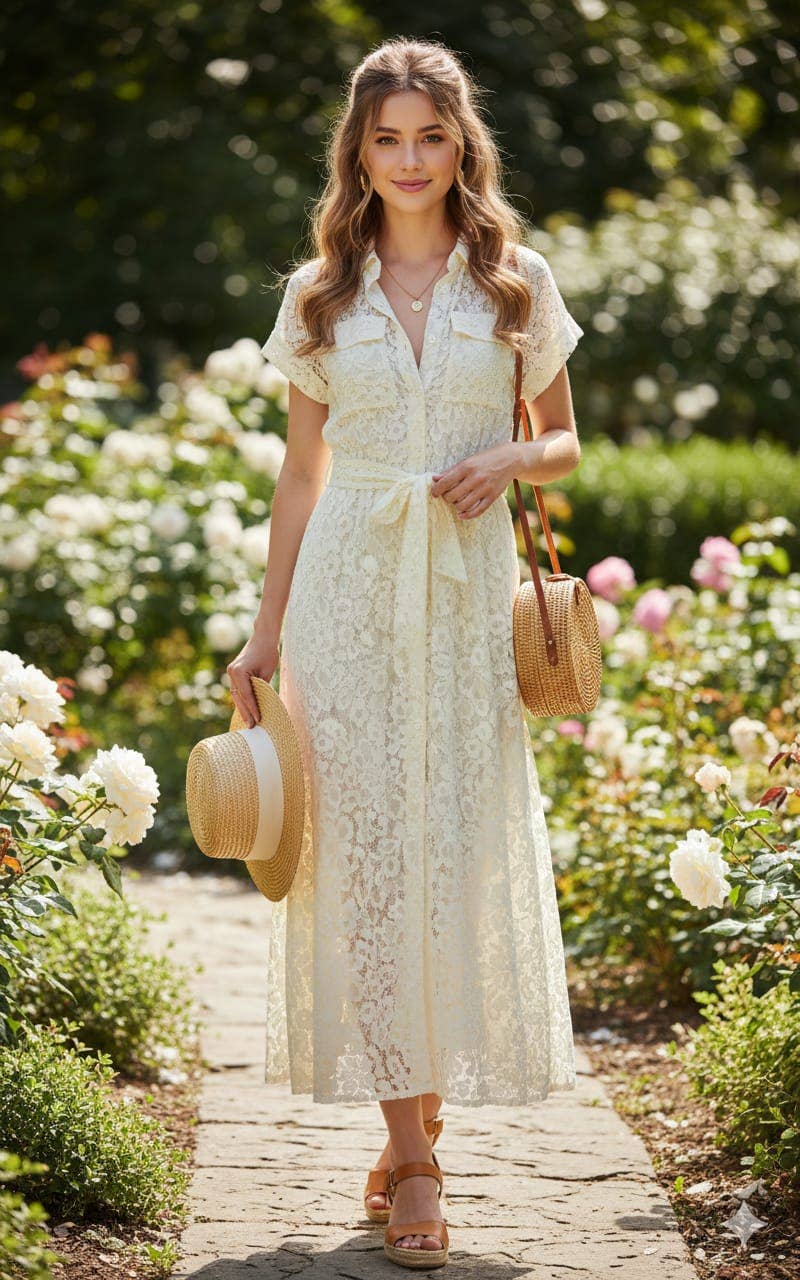 Choklate Paris Langes Kleid mit klassischem Hemdkragen aus Spitze in Ecru