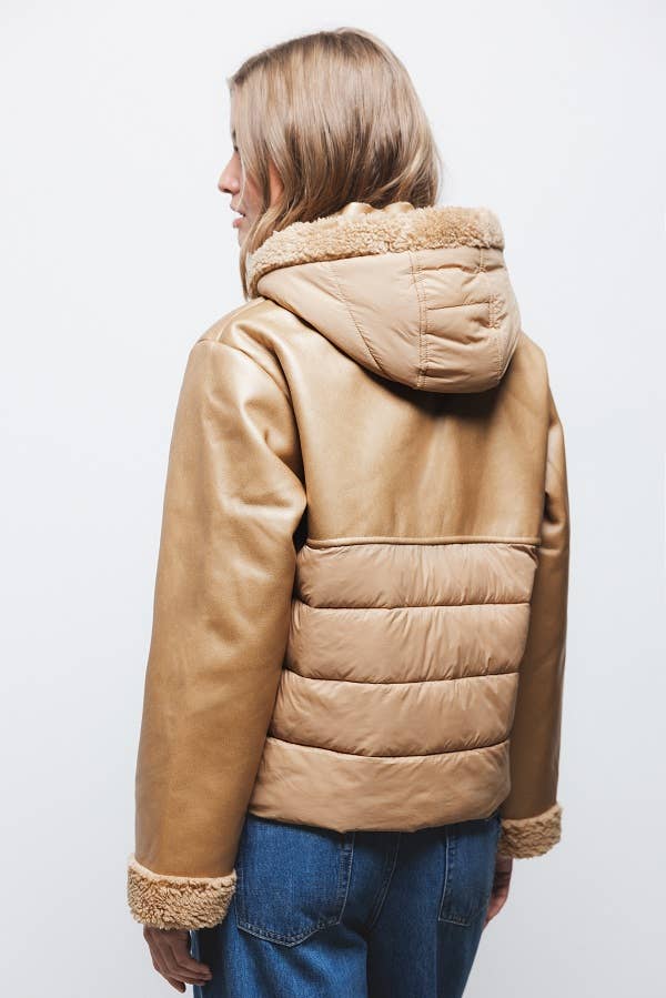 Lanidor - Kapuzen-Jacke mit Reißverschluss - Leder- und Lammfellimitat - Camel