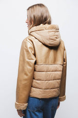 Lanidor - Kapuzen-Jacke mit Reißverschluss - Leder- und Lammfellimitat - Camel