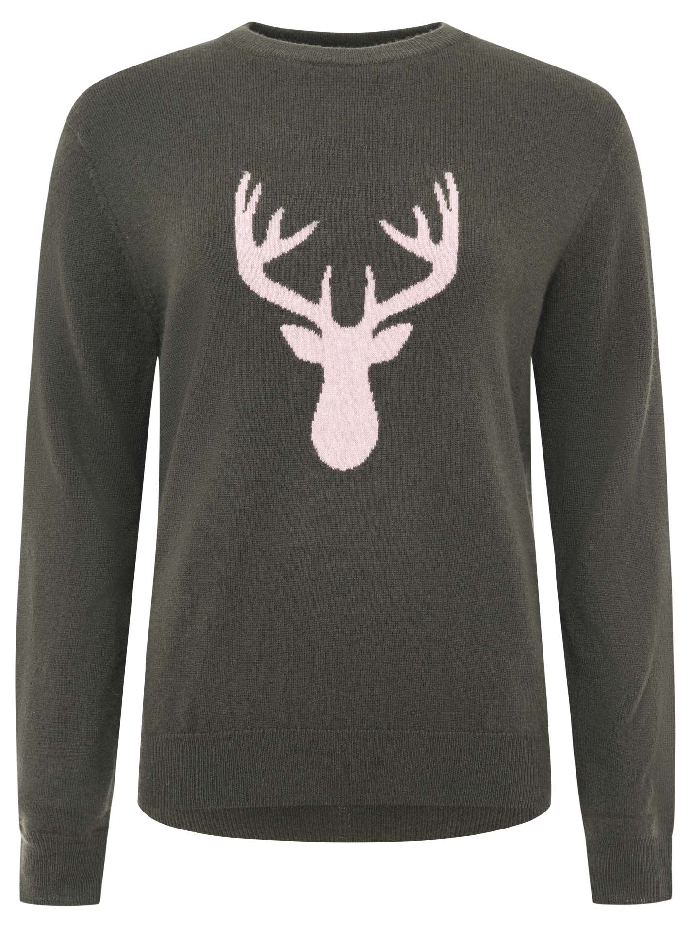 Zwillingsherz Pullover - 100% Kaschmir in Oliv-Grün mit rosa Hirsch