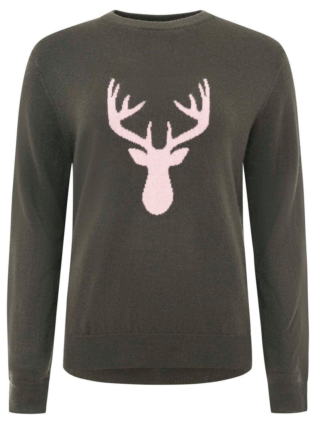 Zwillingsherz Pullover - 100% Kaschmir in Oliv-Grün mit rosa Hirsch