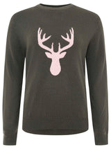 Zwillingsherz Pullover - 100% Kaschmir in Oliv-Grün mit rosa Hirsch