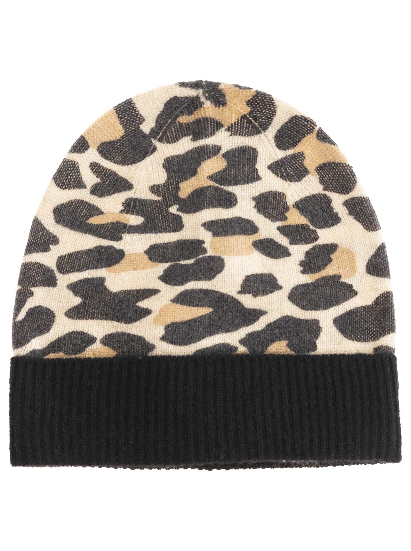 Zwillingsherz Mütze aus 100% Kaschmir - Leo-Design - mit schwarzem Umschlag