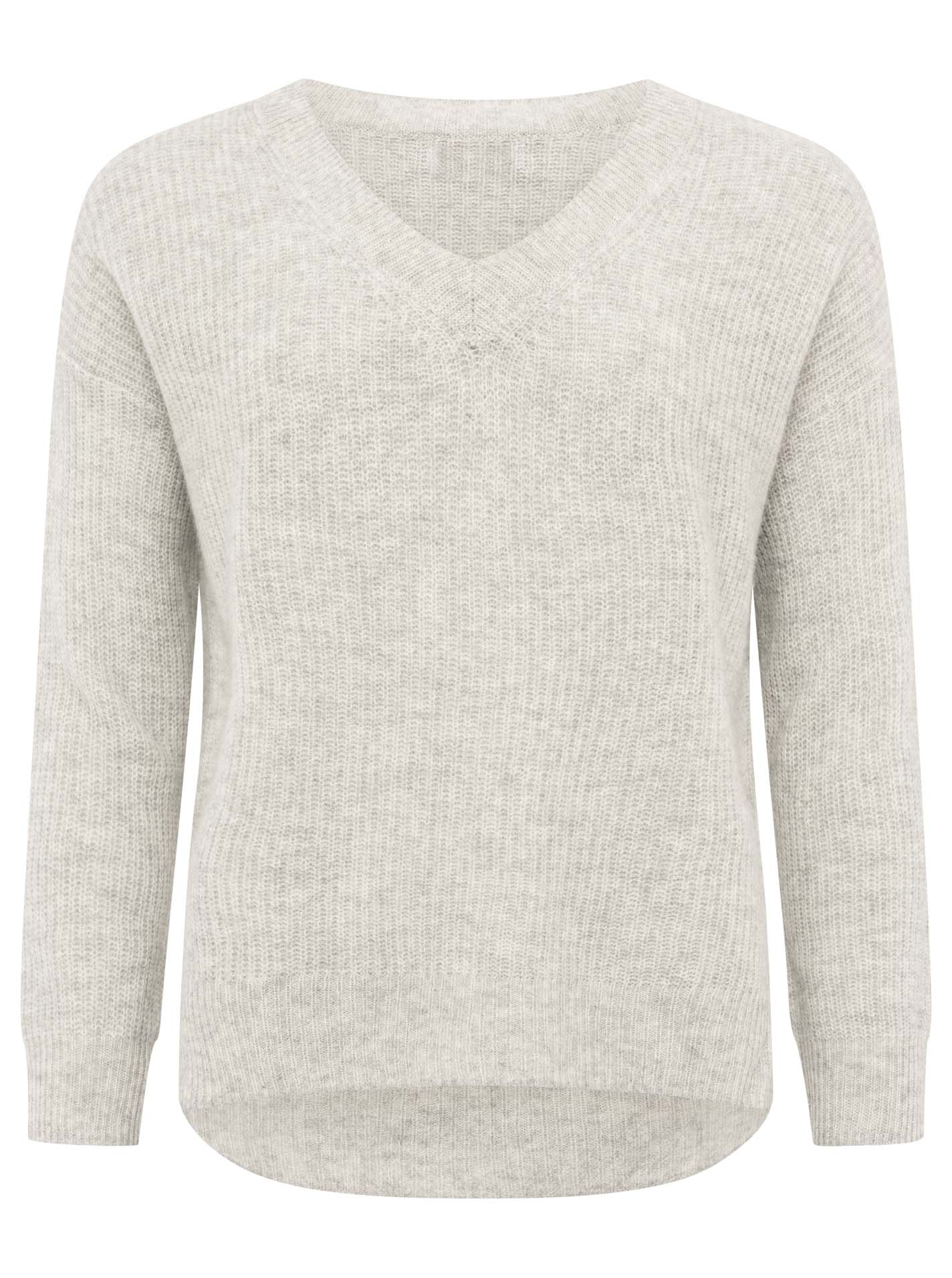 Zwillingsherz Rippstrick-Pullover - 100% Kaschmir - V-Ausschnitt - Hellgrau