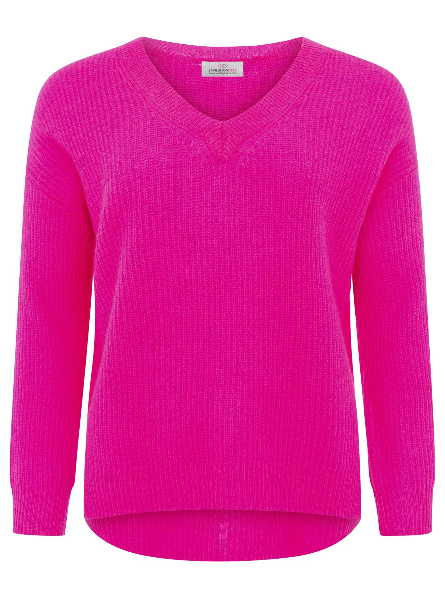 Zwillingsherz Rippstrick-Pullover - 100% Kaschmir - V-Ausschnitt - Neon-Pink