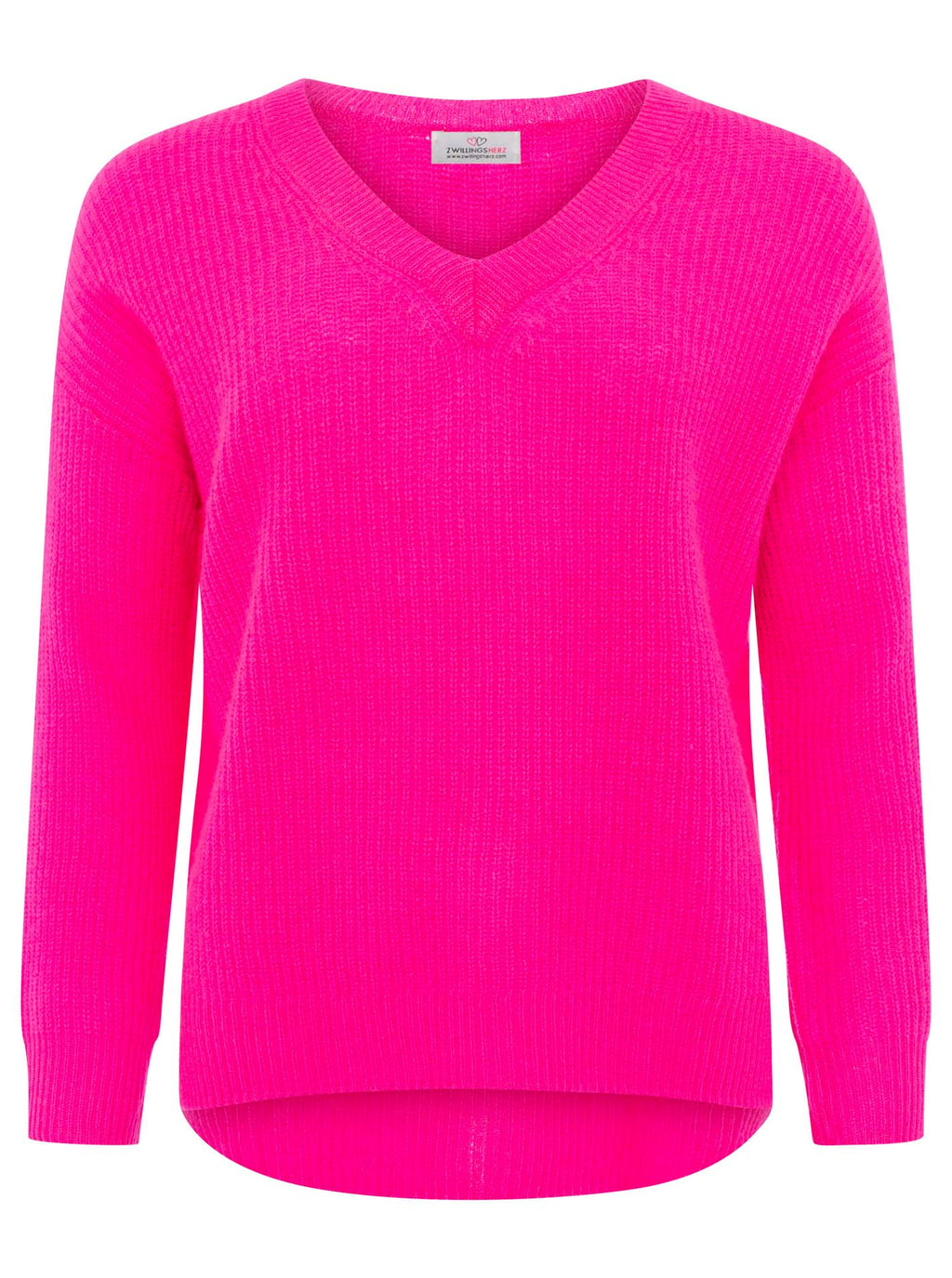 Zwillingsherz Rippstrick-Pullover - 100% Kaschmir - V-Ausschnitt - Neon-Pink