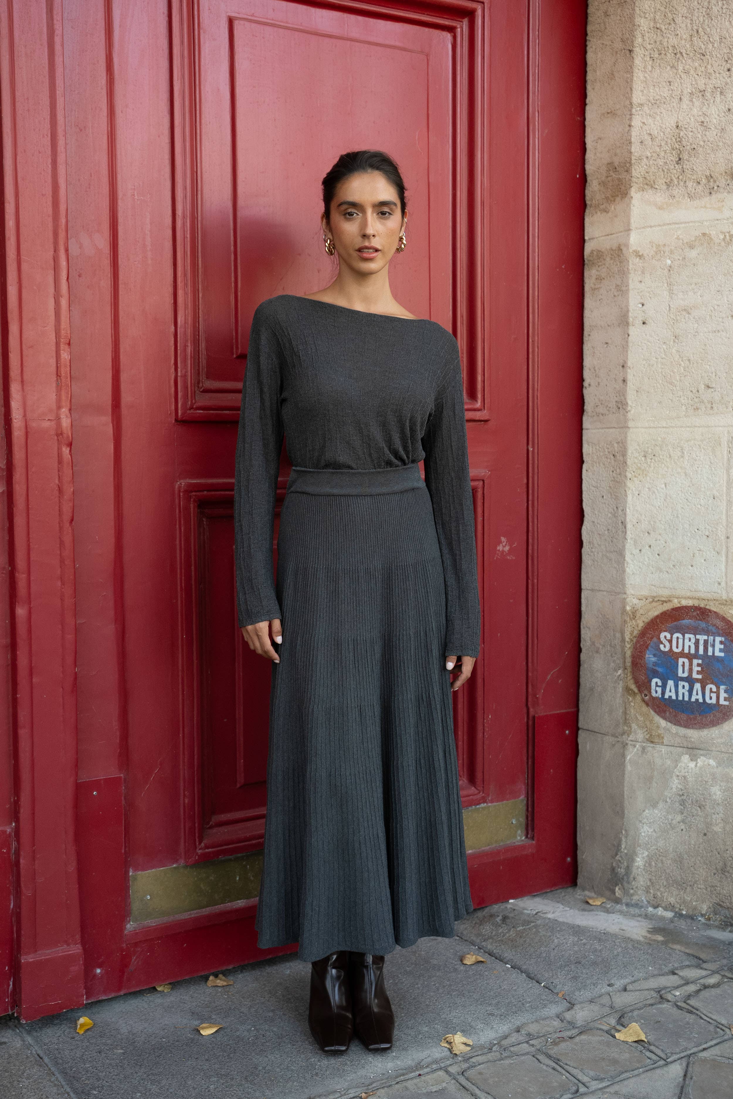Choklate Paris leichtes Langarm-Strickshirt Grau mit Struktur
