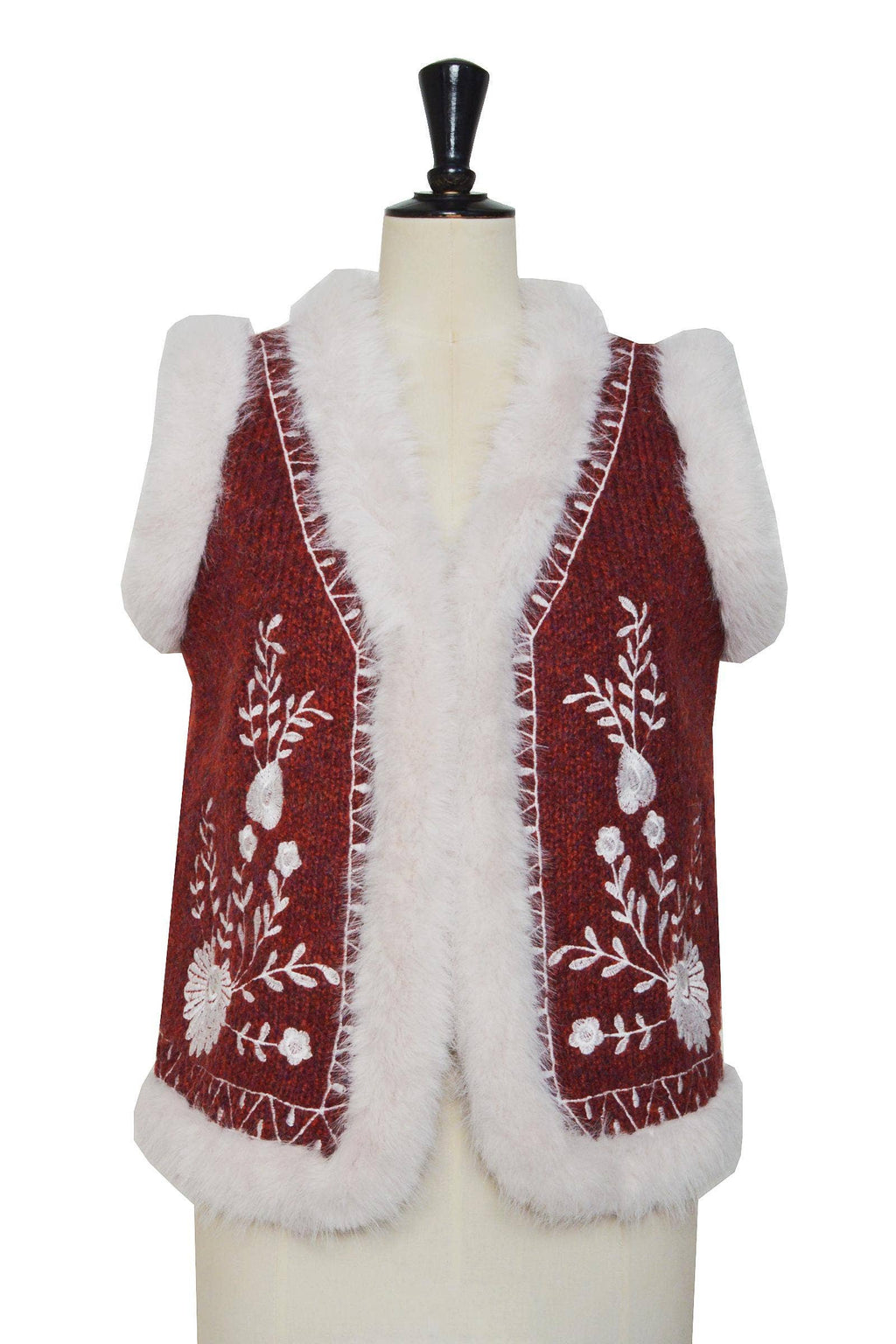 Elli White - Weste in dunklem Rot mit cremefarbenem Kunstfell - Boho-Style