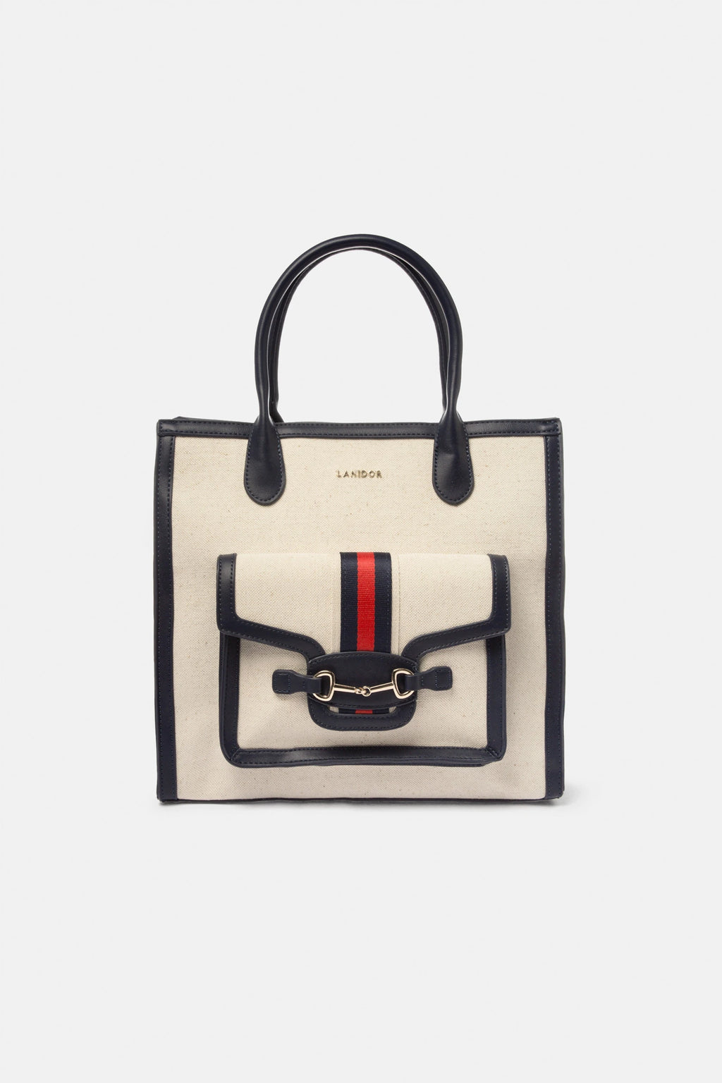 Lanidor Damen Handtasche mit Streifen und Schnallendetail - Canvas-Optik, Beige Marineblau