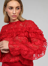 An'ge Paris Bluse Soely Rot - Jacquard-Semitransparent - Volant