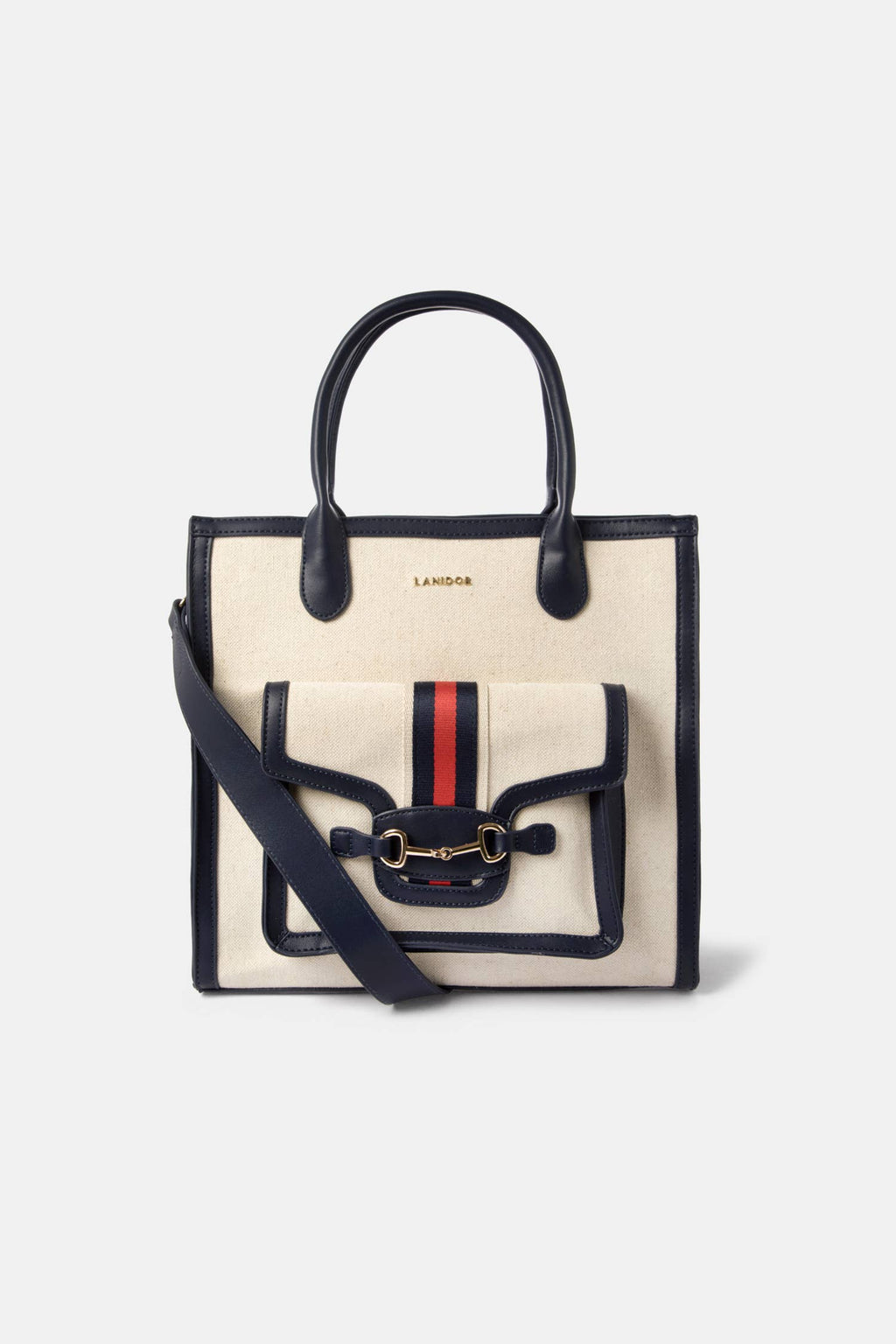 Lanidor Damen Handtasche mit Streifen und Schnallendetail - Canvas-Optik, Beige Marineblau