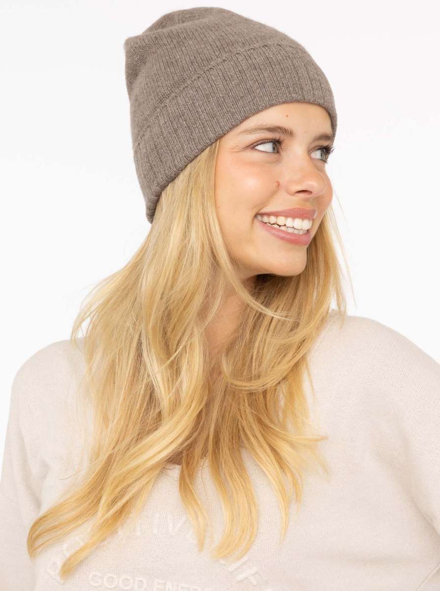 Zwillingsherz - 100% Cashmere-Mütze mit geripptem Umschlag - Taupe