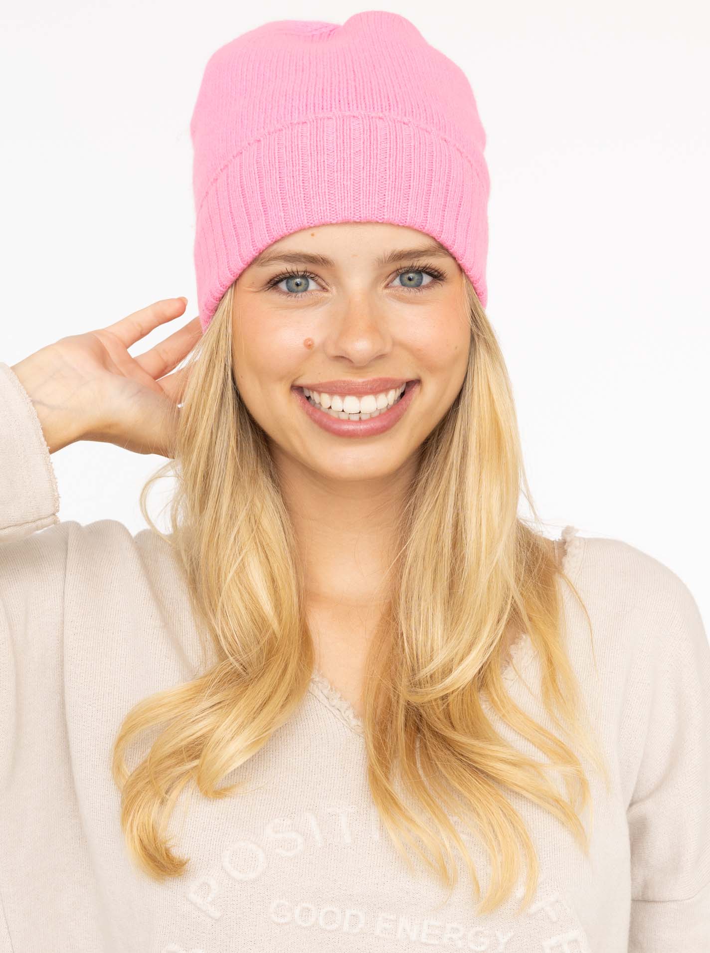 Zwillingsherz - 100% Cashmere-Mütze mit geripptem Umschlag - Bubblegum Pink