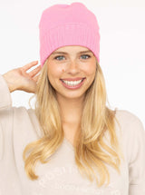 Zwillingsherz - 100% Cashmere-Mütze mit geripptem Umschlag - Bubblegum Pink