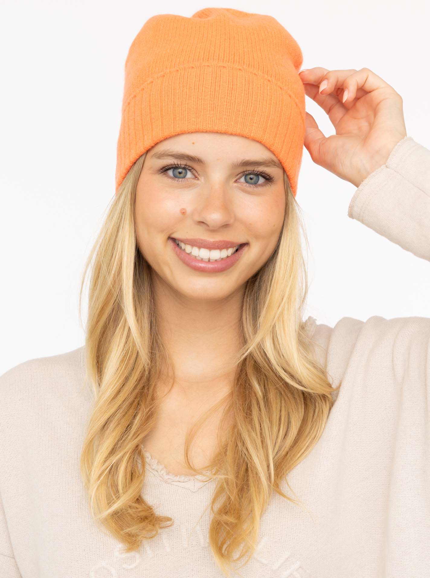 Zwillingsherz - 100% Cashmere-Mütze mit geripptem Umschlag - Orange