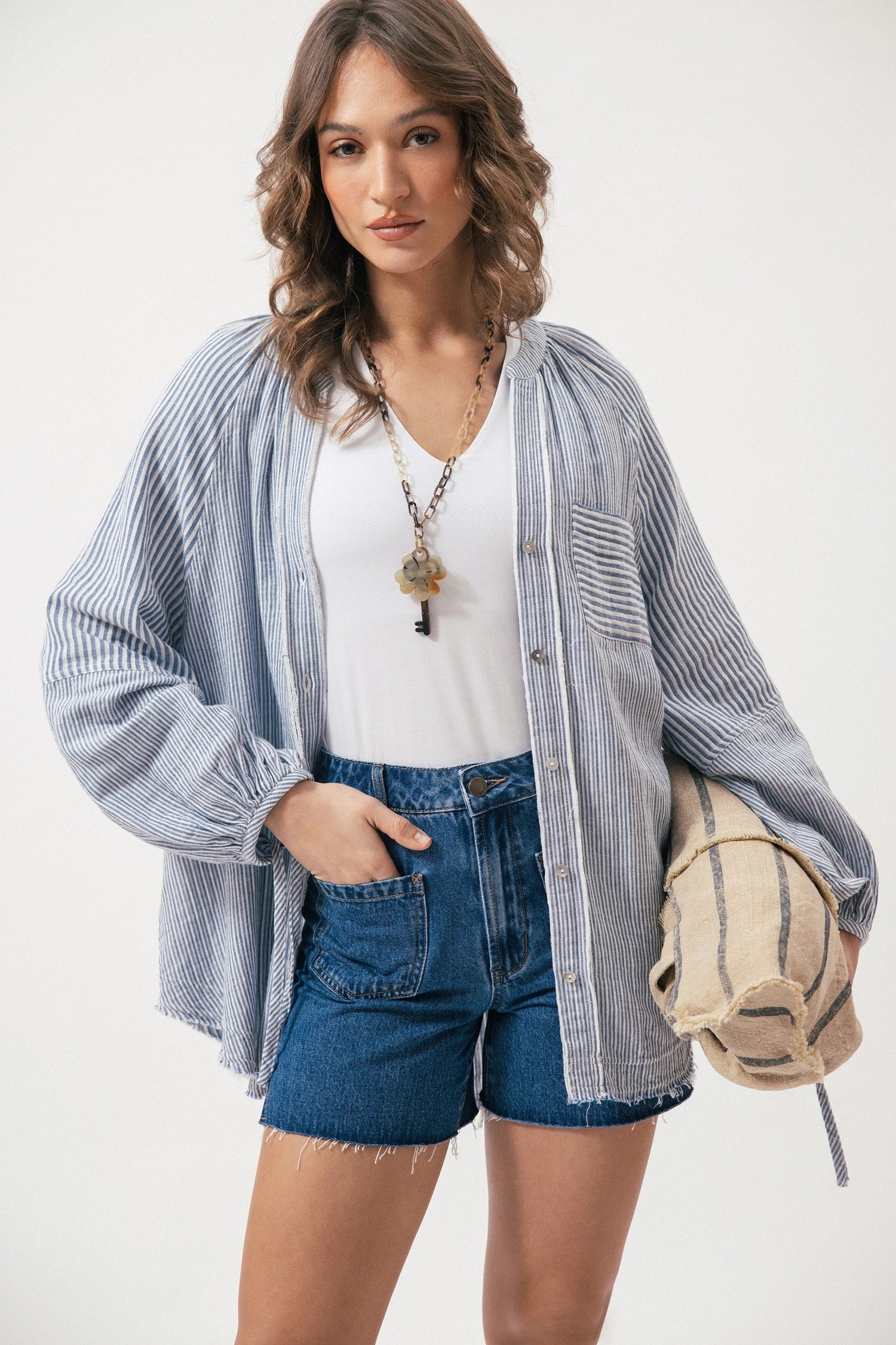 Lanidor Gestreifte Oversize Bluse Hellblau 100% Baumwolle