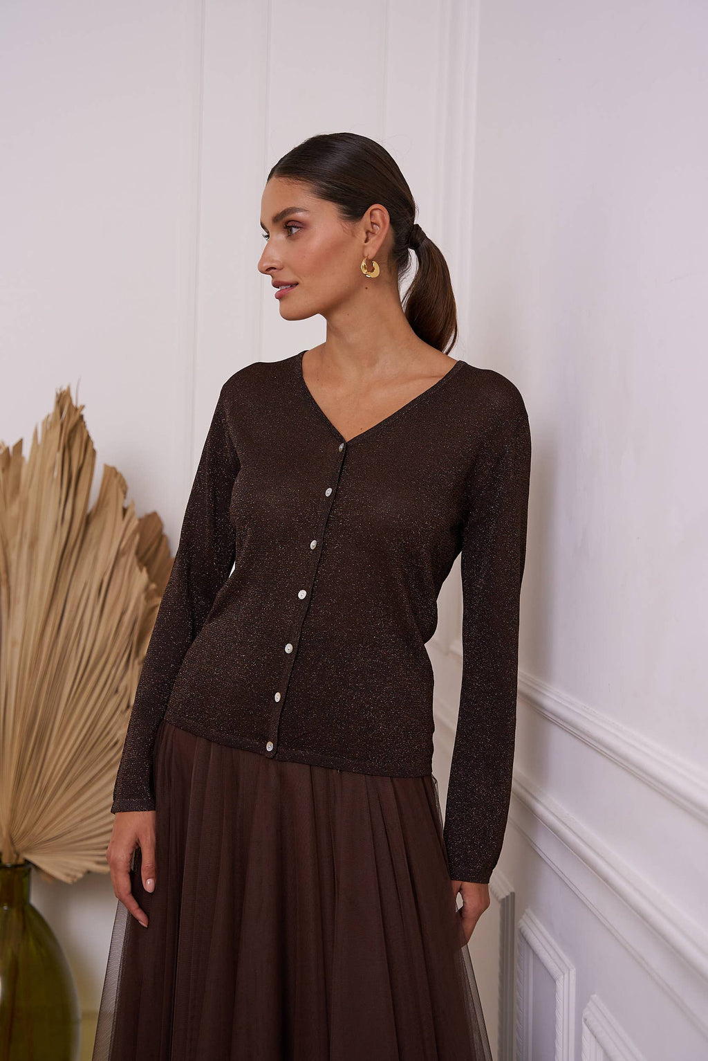 Choklate Paris - Lurexstrickweste in Braun - Feinstrick mit Glanz und Knopfleiste