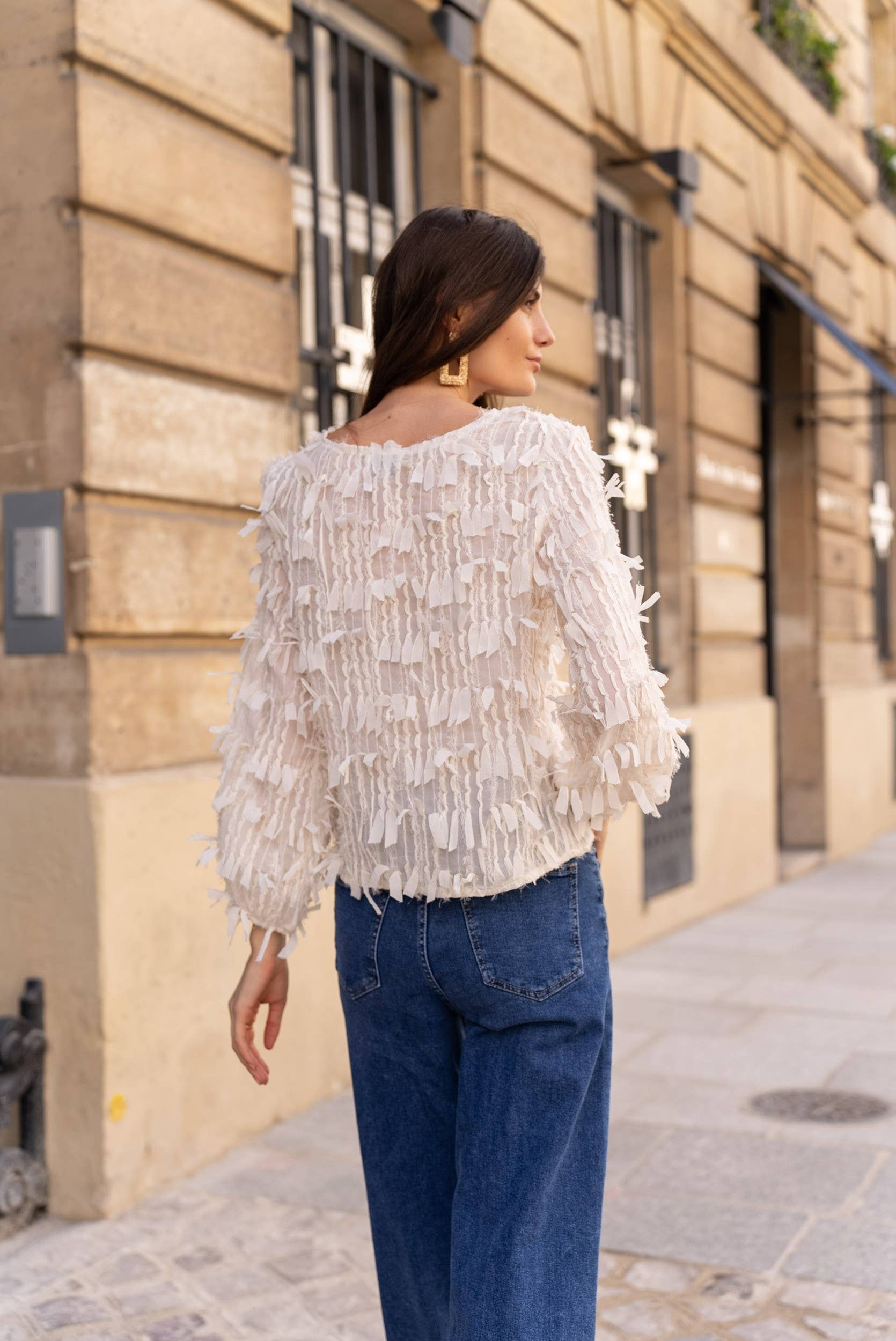 Choklate Paris - Bluse mit Fransendetails- dezente Metalliceffekte - Creme