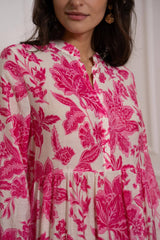 Choklate Paris Maxikleid Marbella Ecru/Fuchsia aus Seide-Viskose