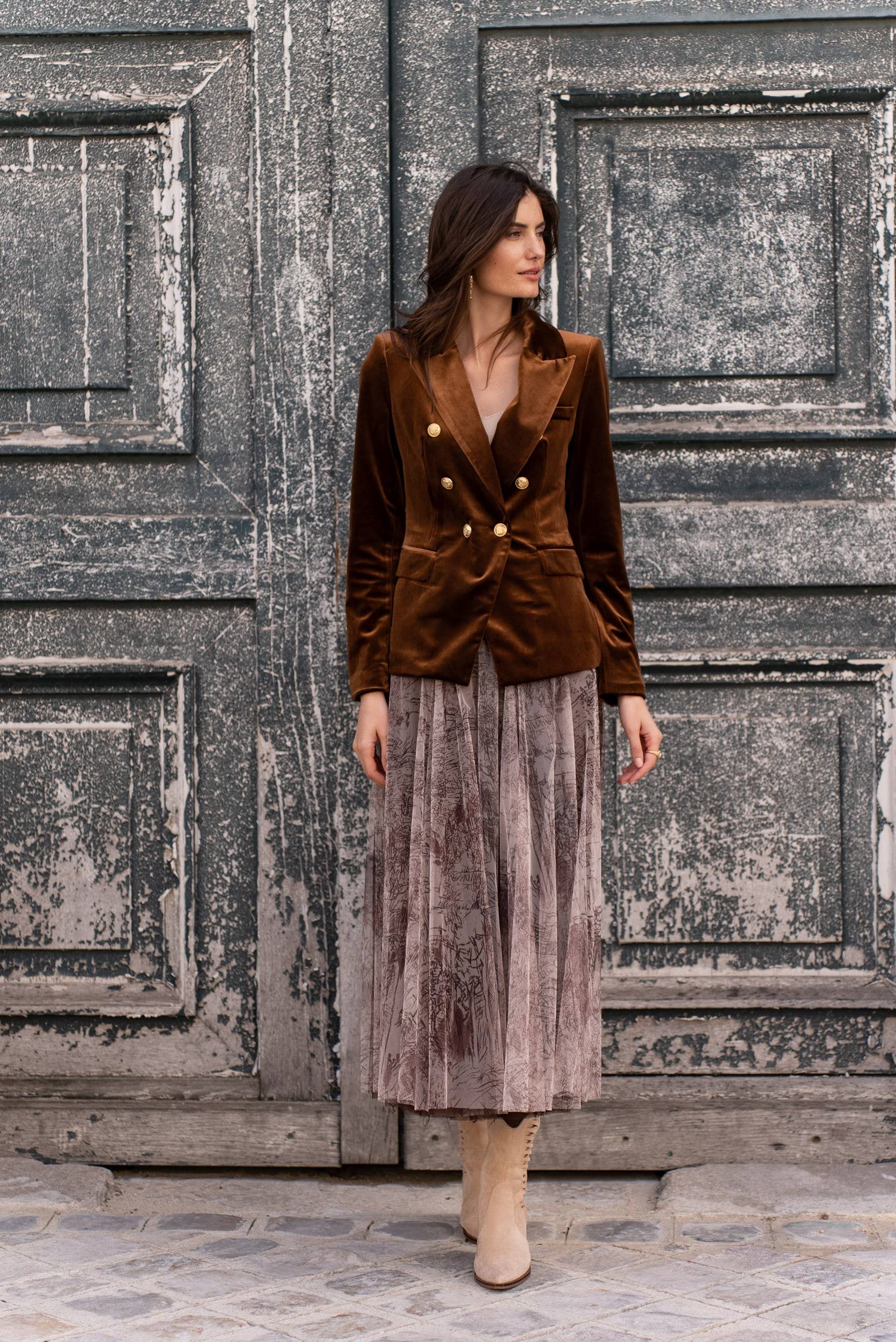 Langer Tüllrück mit Toile de Jouy Druck - Taupe - Choklate Paris